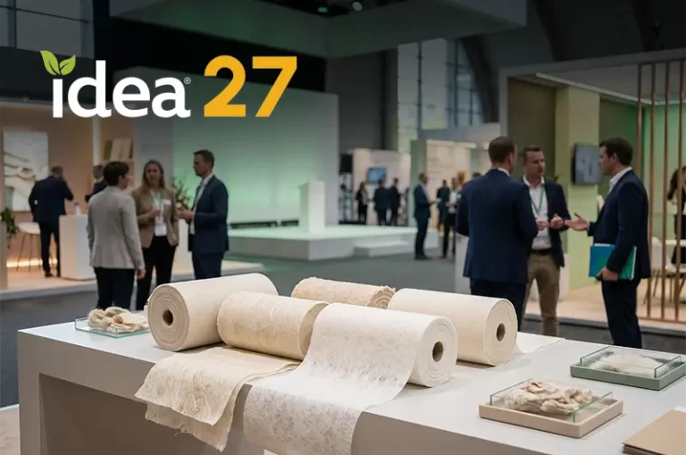Display of sustainable nonwoven fabric rolls and innovation for the IDEA27 event by Induservi